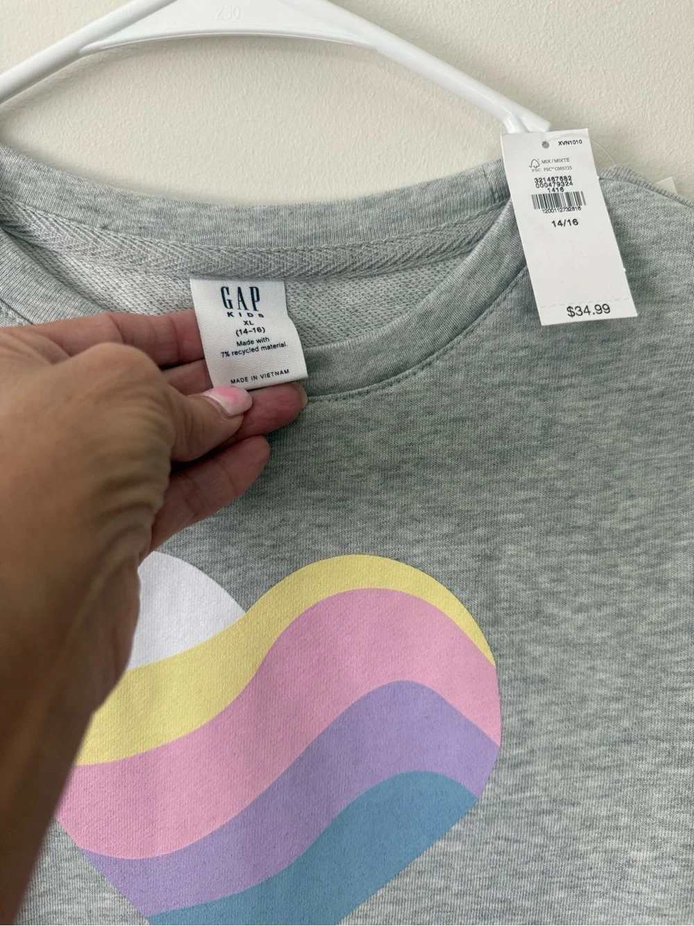 GAP Girls' Light Gray Sweatshirt with Pastel Heart Graphic, XL 14-16, New W/Tags